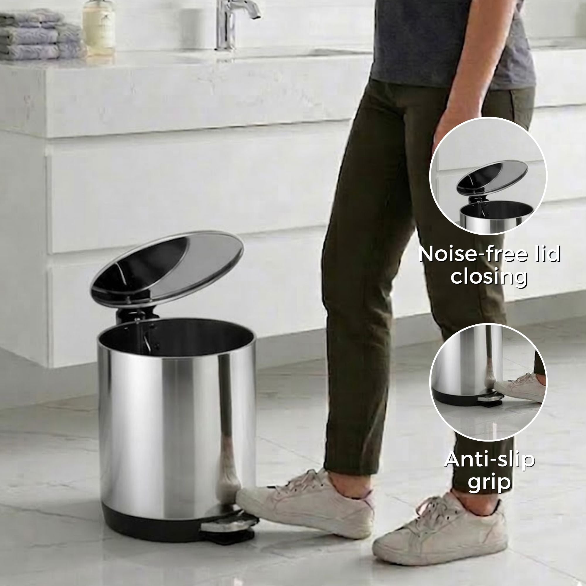 Vesta Stainless Steel Soft Close Peddle Dustbins 5 Litre - Pano