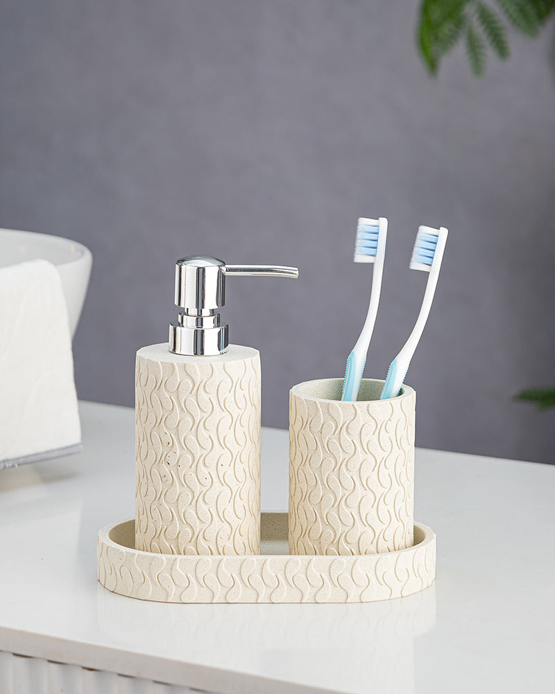 Stylish Polyresin Set of 3 with Soap Dispenser (Cream) - Pano
