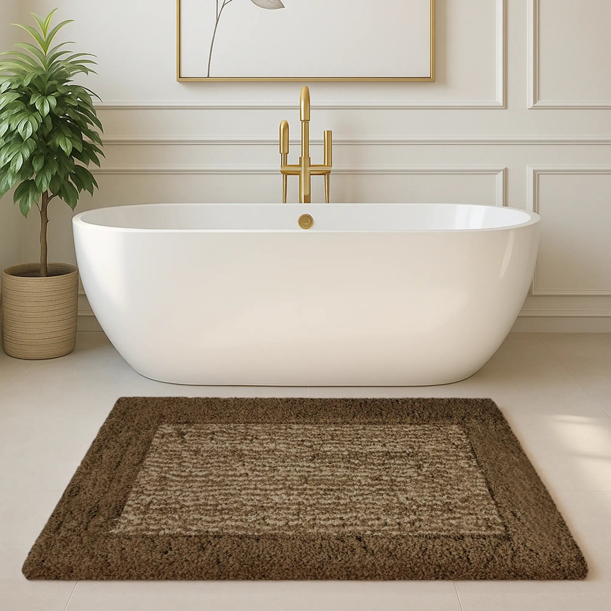 Bold Frame Microfiber Anti Skid Beige Bathmat