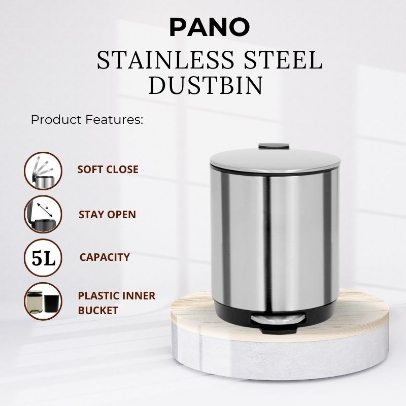 Vesta Stainless Steel Soft Close Peddle Dustbins 5 Litre - Pano Pano