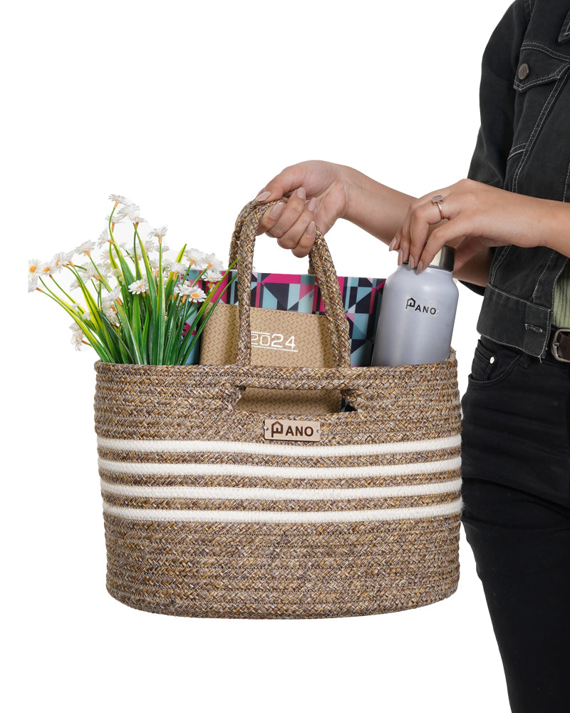 Elora Mutli Purpose Beige Tote Hand Basket - Pano Pano