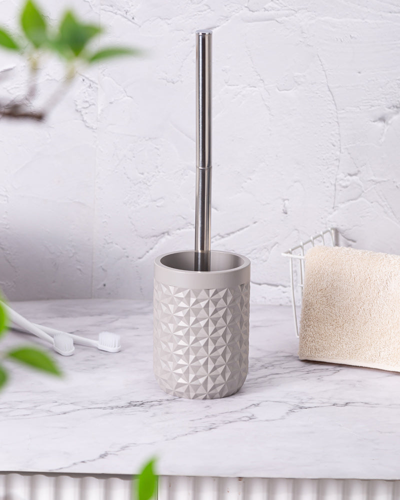 Polyresin Toilet Cleaner Brush with Holder Stand for Bathroom, Metal Grey- Pano Pano