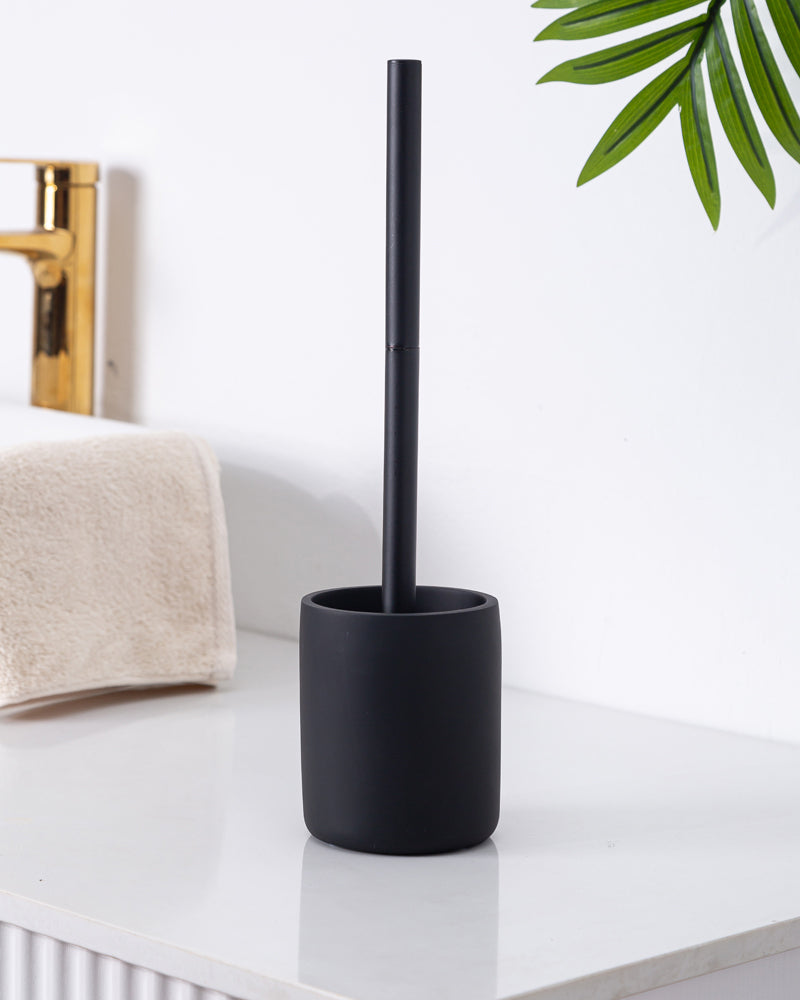 Polyresin Toilet Cleaner Brush with Holder Stand for Bathroom, Black - Pano Pano