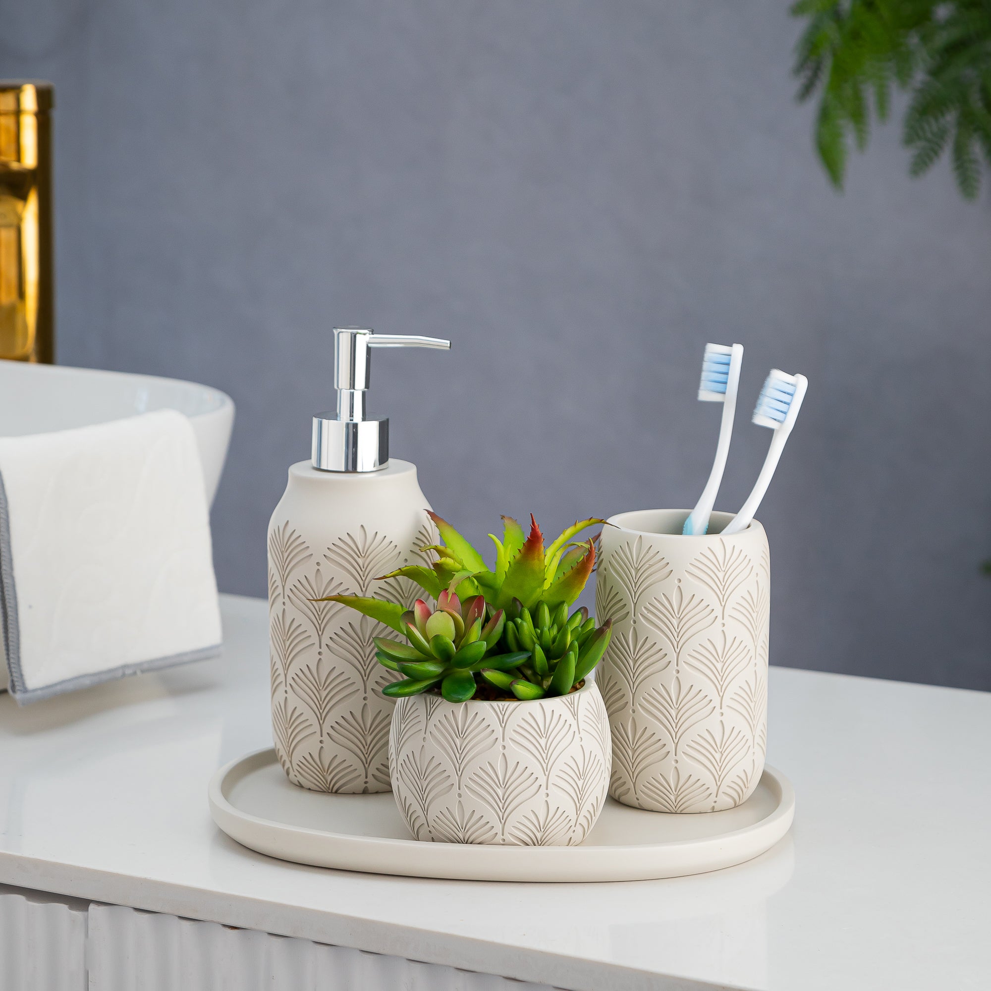 Exclusive Polyresin Bath Decor Bathroom Accessory Set of 4 Creamy - Pano