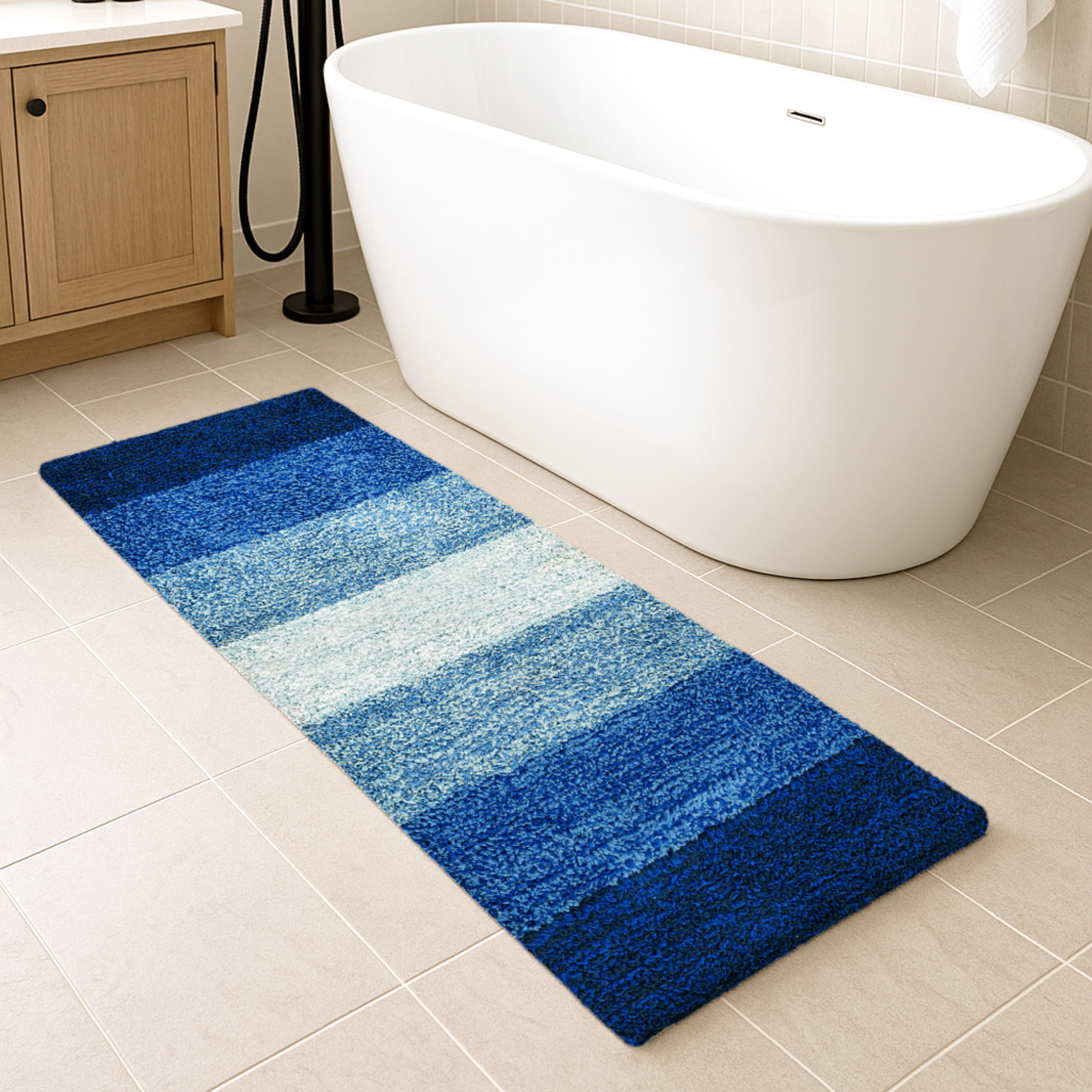 Textured Anti Skid Blue Bathroom Washable Runner -Pano Pano