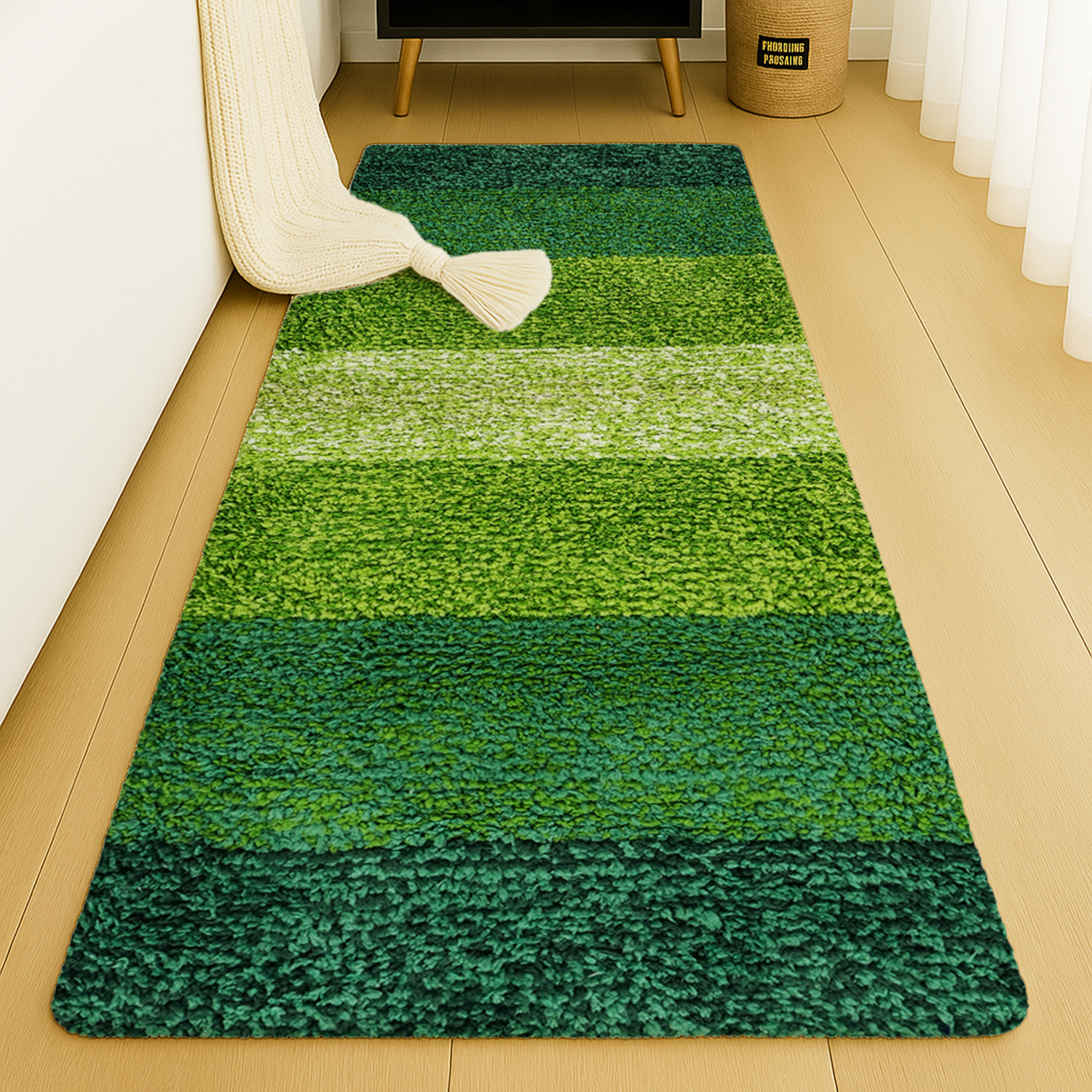 Textured Anti Skid Green Bathroom Washable Runner -Pano