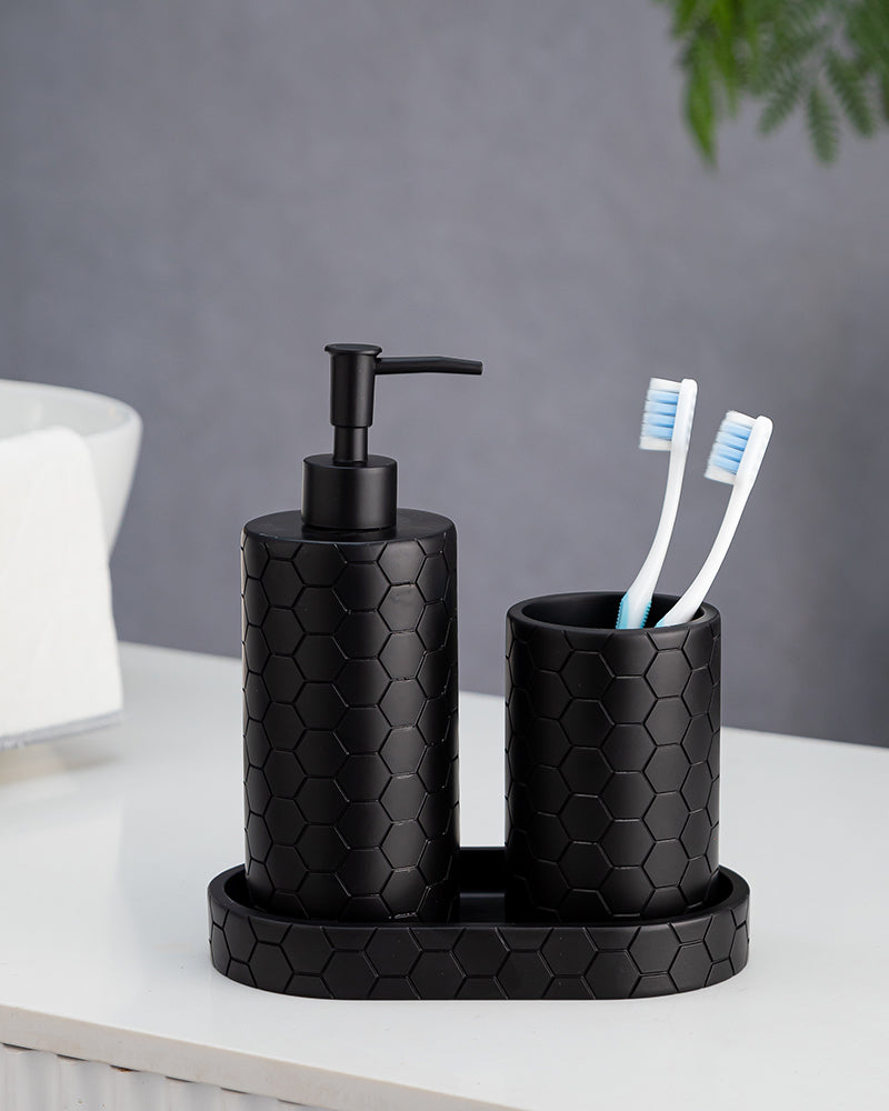 Stylish Polyresin Set of 3 with Soap Dispenser (Black) - Pano