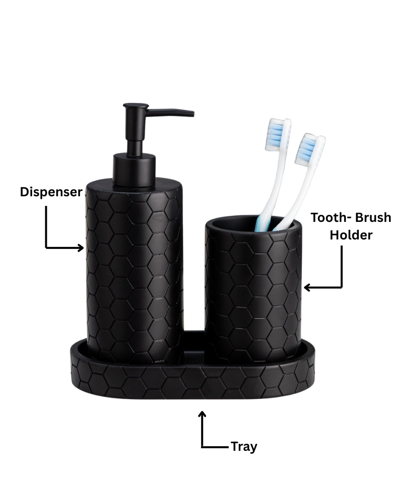 Stylish Polyresin Set of 3 with Soap Dispenser (Black) - Pano