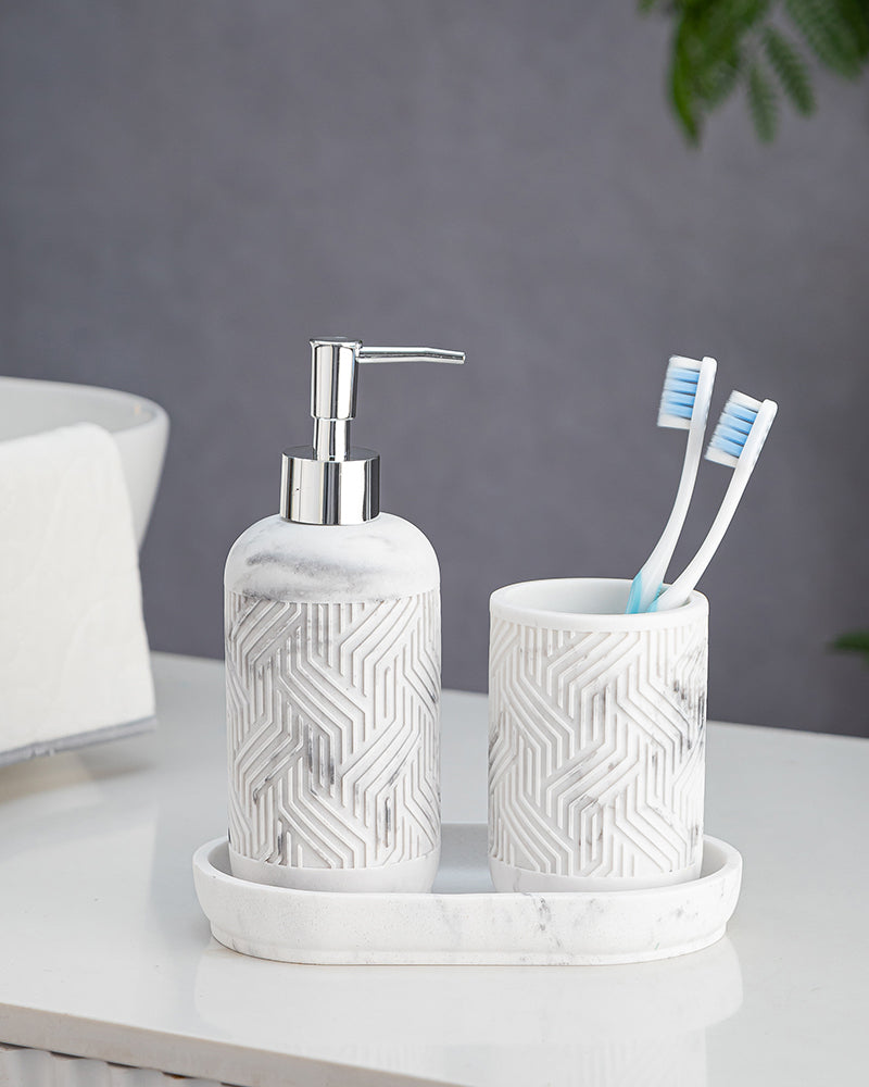 Stylish Polyresin Set of 3 with Soap Dispenser ( Snow) - Pano