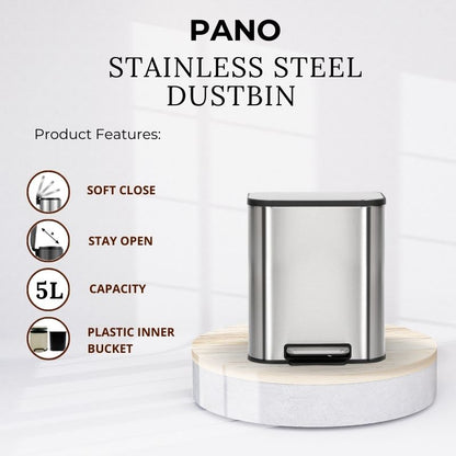 Binova Stainless Steel Soft Close Peddle Dustbins 5 Litre - Pano Pano