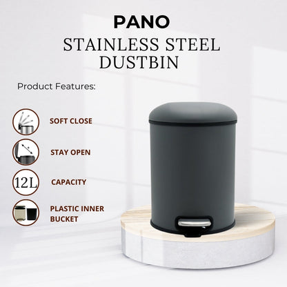 Stainless Steel Soft Close Step Bin 12 Litre Grey Pano