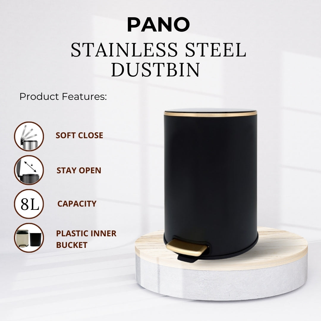 Stainless Steel Soft Close Step Bin 8 Litre Black Pano