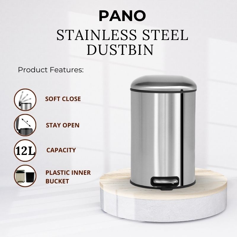 Levente Stainless Steel Soft Close Peddle Dustbins 12 Litre - Pano Pano