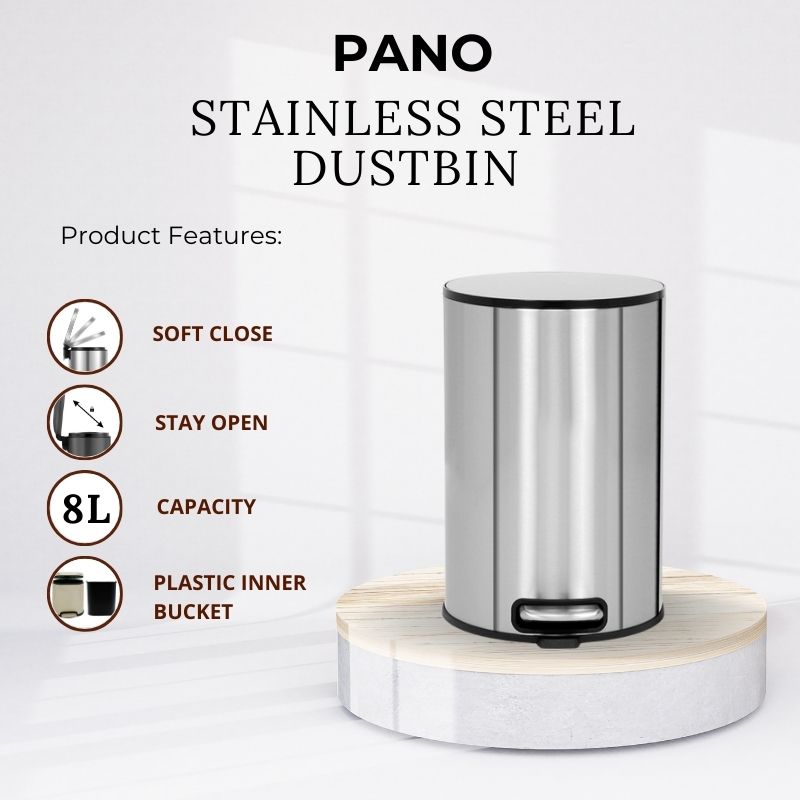 Oxford Stainless Steel Soft Close Peddle Dustbins 8 Litre - Pano