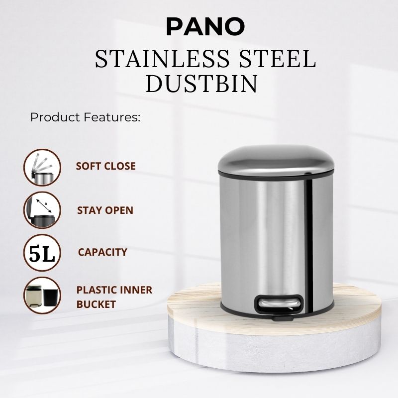 Levente Stainless Steel Soft Close Peddle Dustbins 5 Litre - Pano