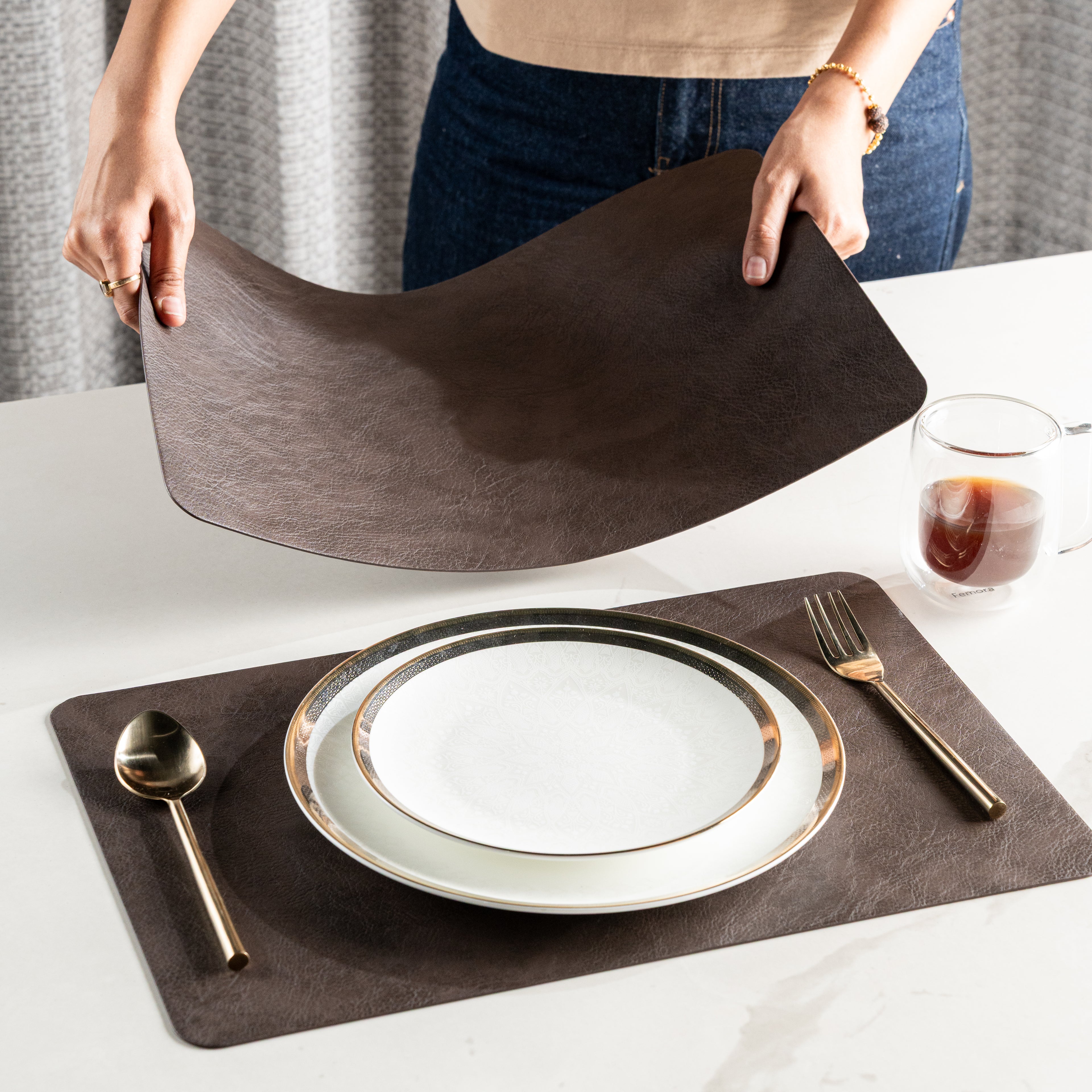 Muse Textured Leather Brown Dining Table Mat Set of 6 - Pano