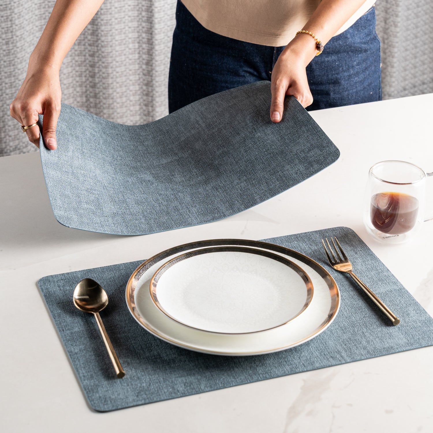 Textured Navy Muse Dining Table Mat Set of 6 - Pano