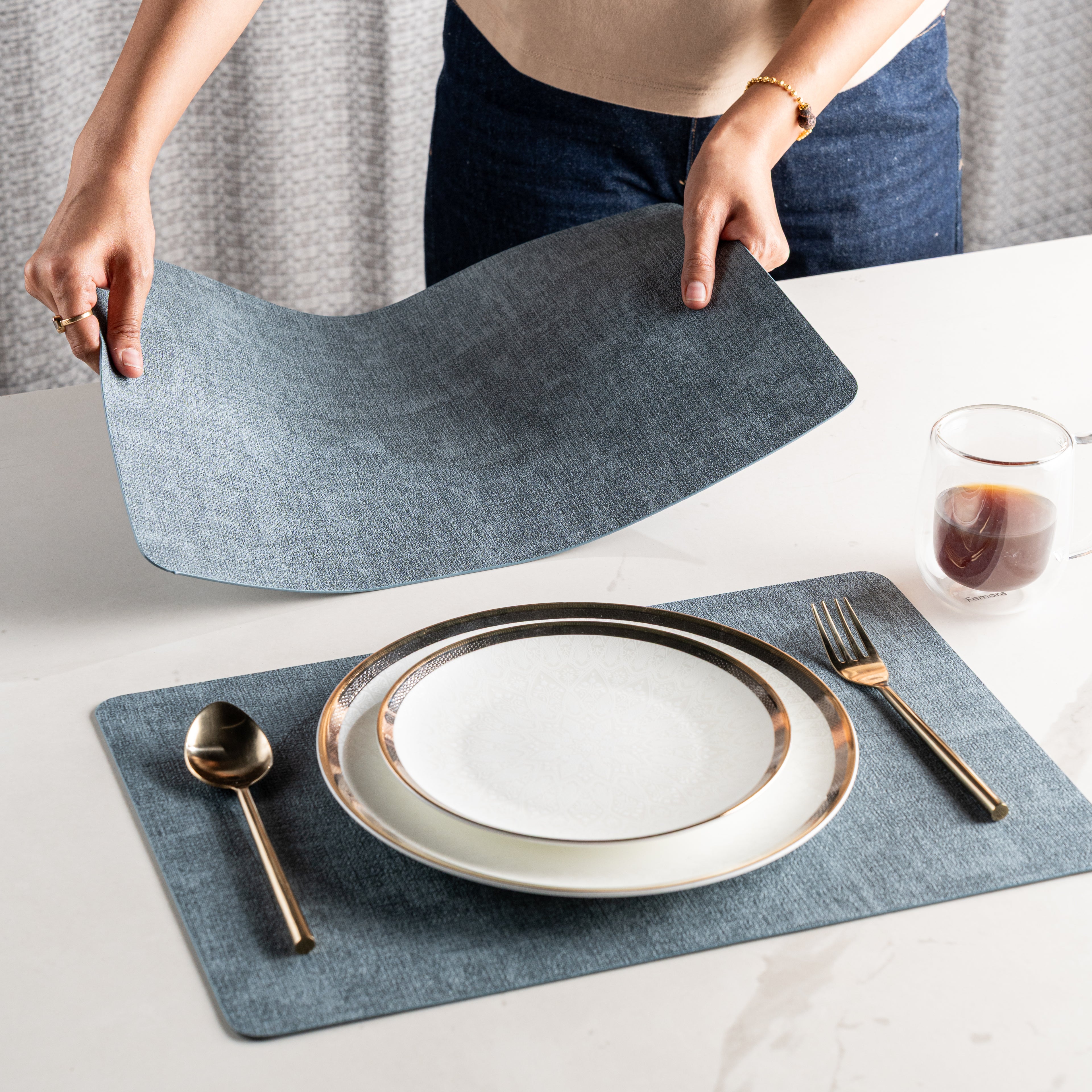 Textured Navy Muse Dining Table Mat Set of 6 - Pano