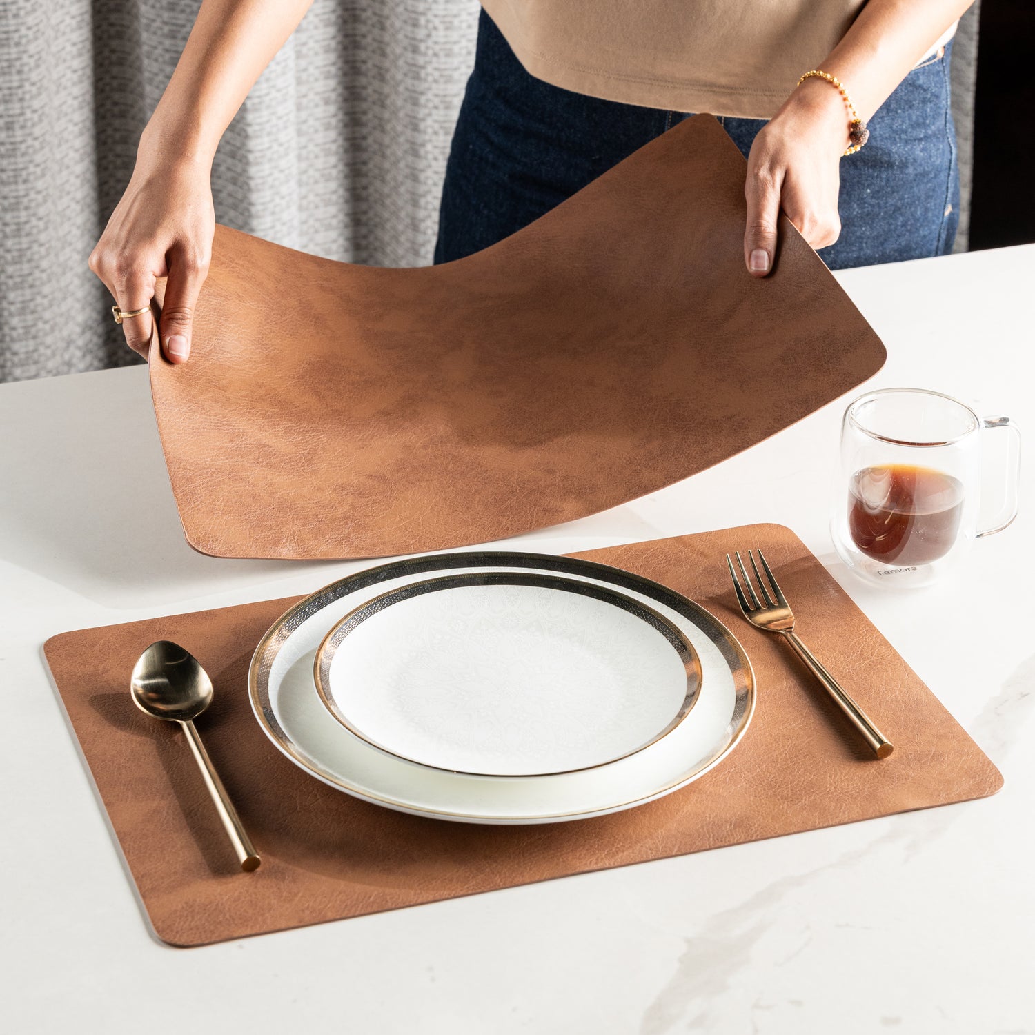 Muse Textured Wood Brown Dining Table Mat Set of 6 - Pano