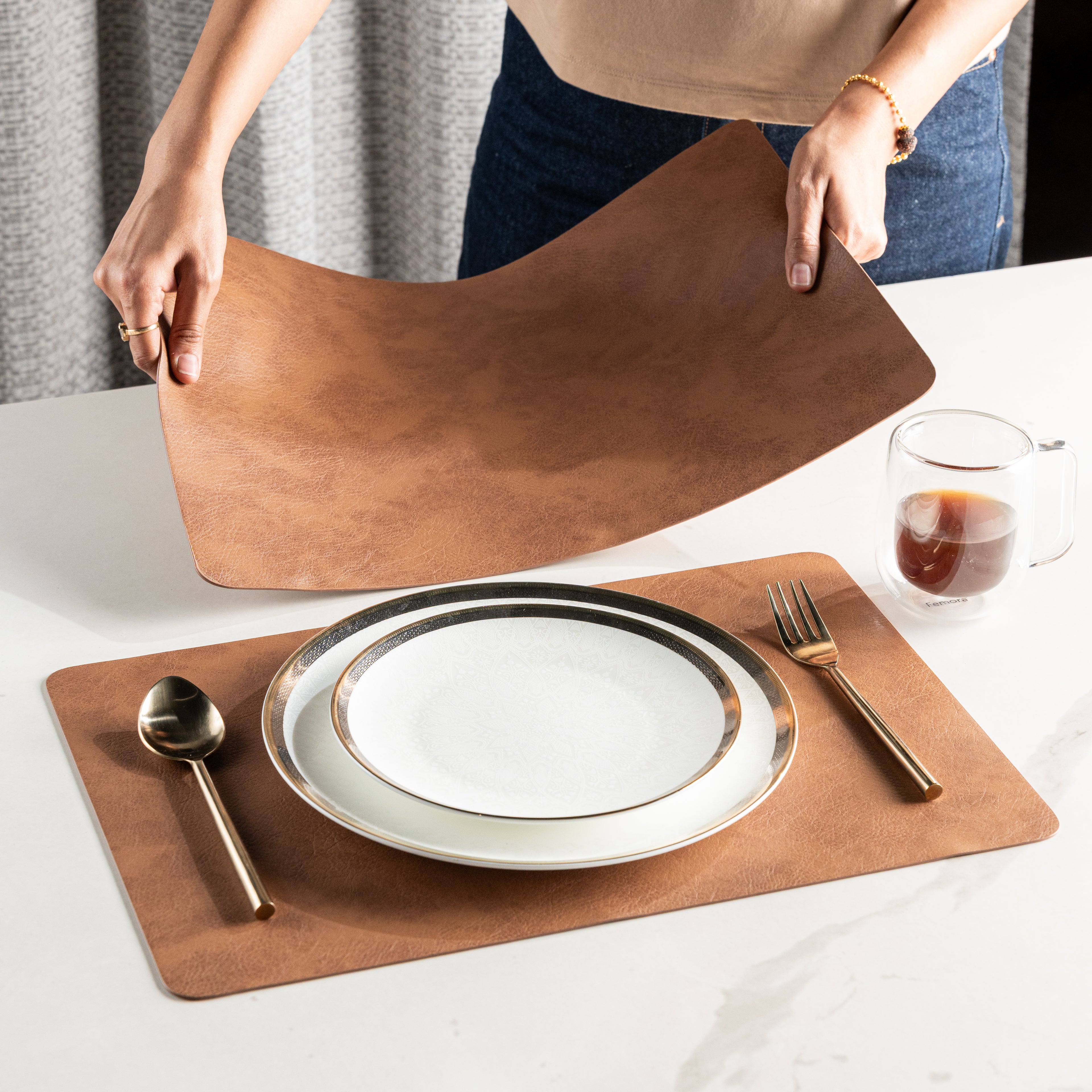 Muse Textured Wood Brown Dining Table Mat Set of 6 - Pano