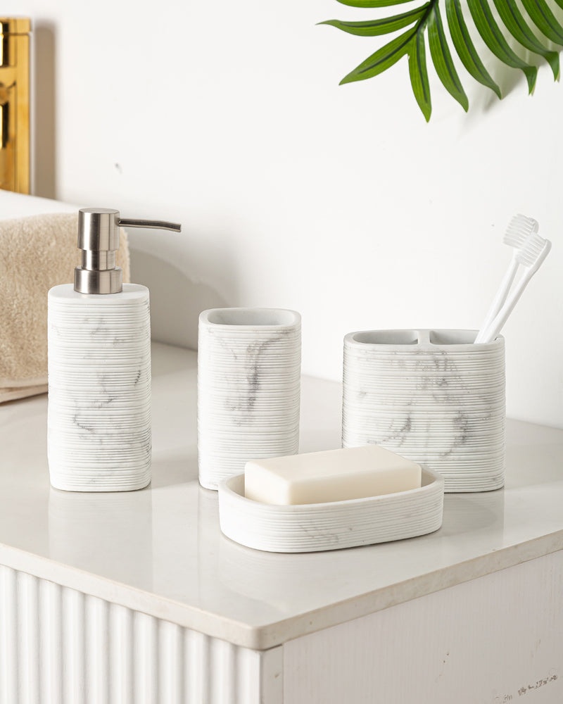 Exclusive Polyresin White Marble Bath Decor Bathroom Accessory Set of 4 Pano