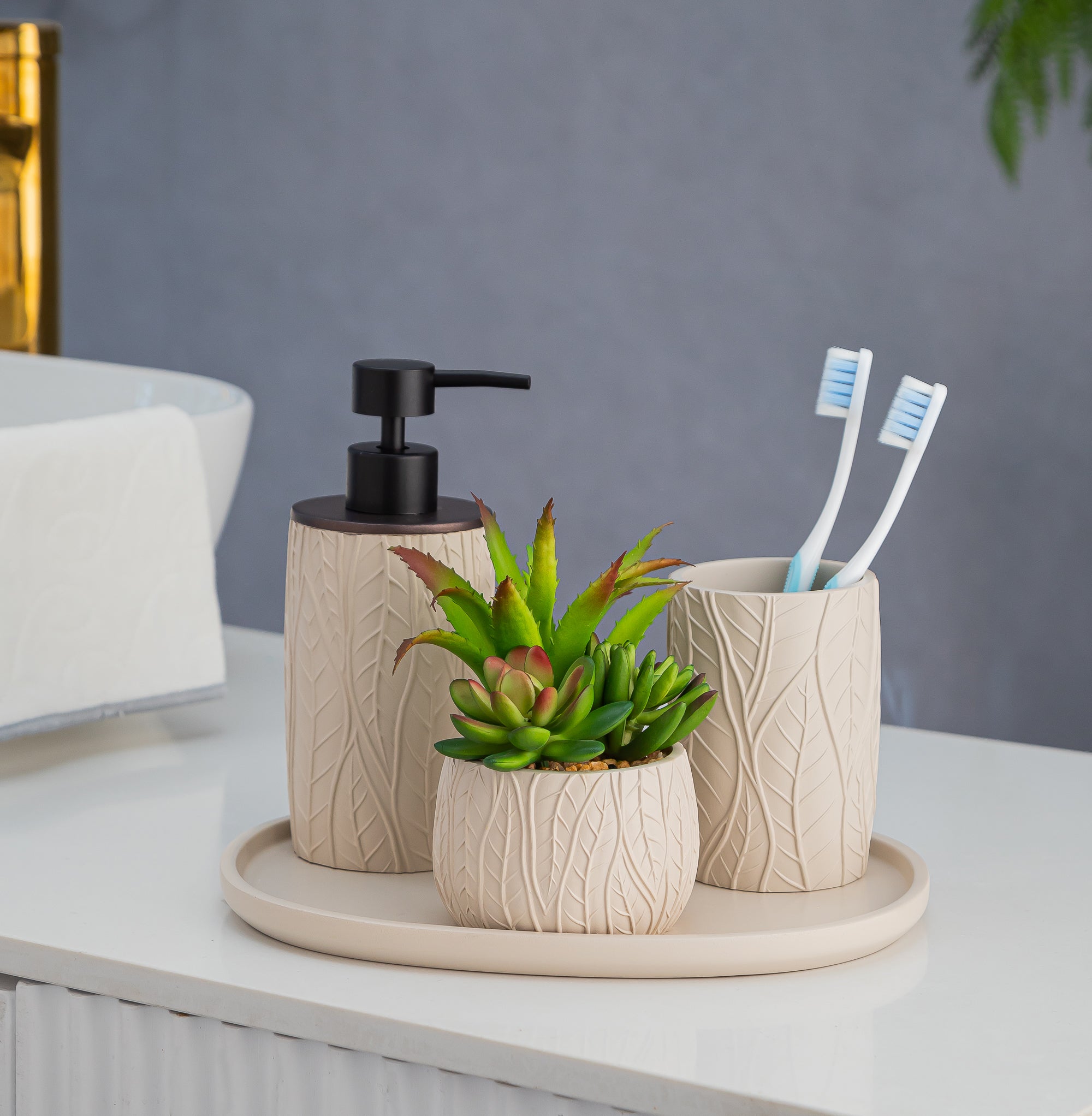 Exclusive Polyresin Bath Decor Bathroom Accessory Set of 4 Linen - Pano