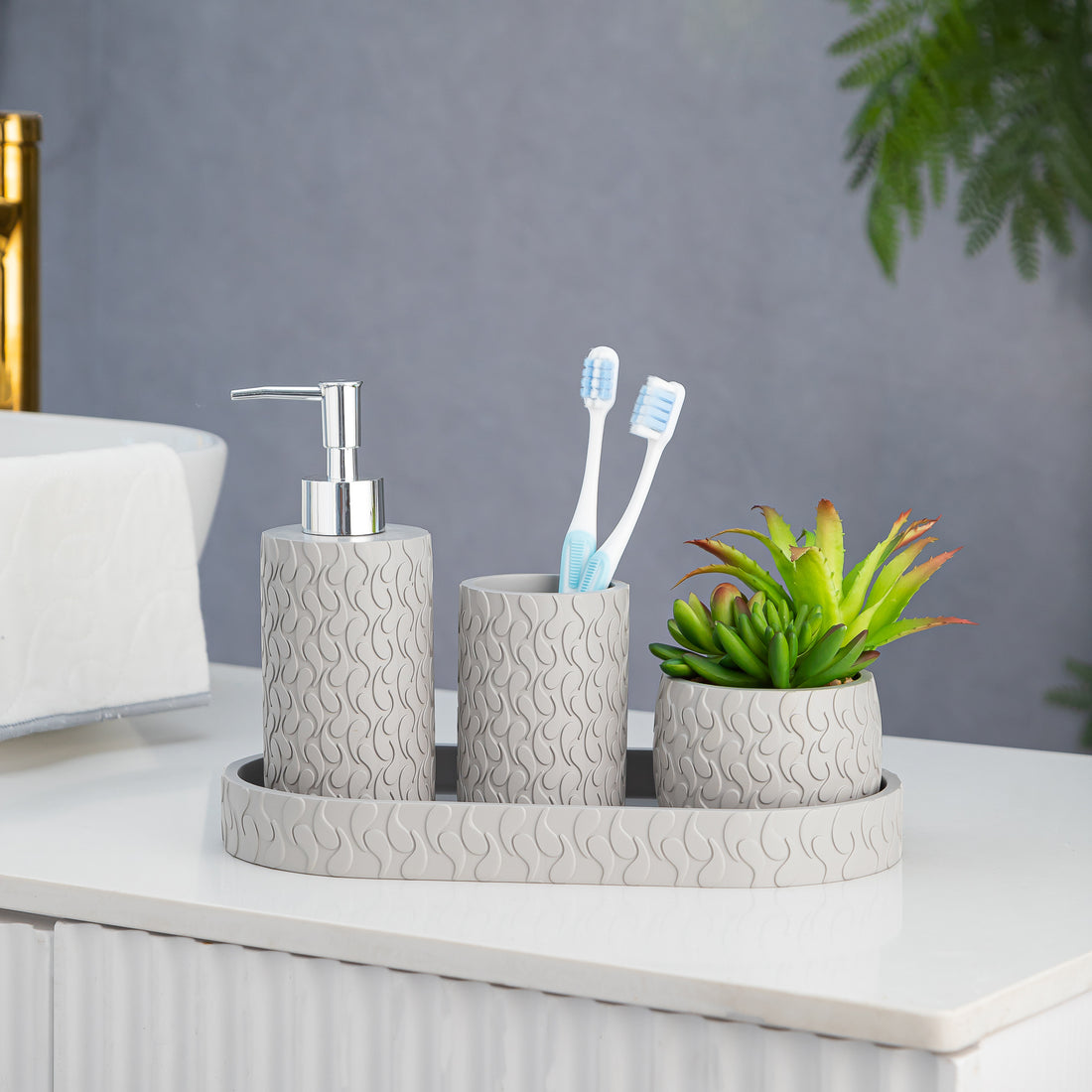 Exclusive Polyresin Bath Decor Bathroom Accessory Set of 4 Stone Grey - Pano