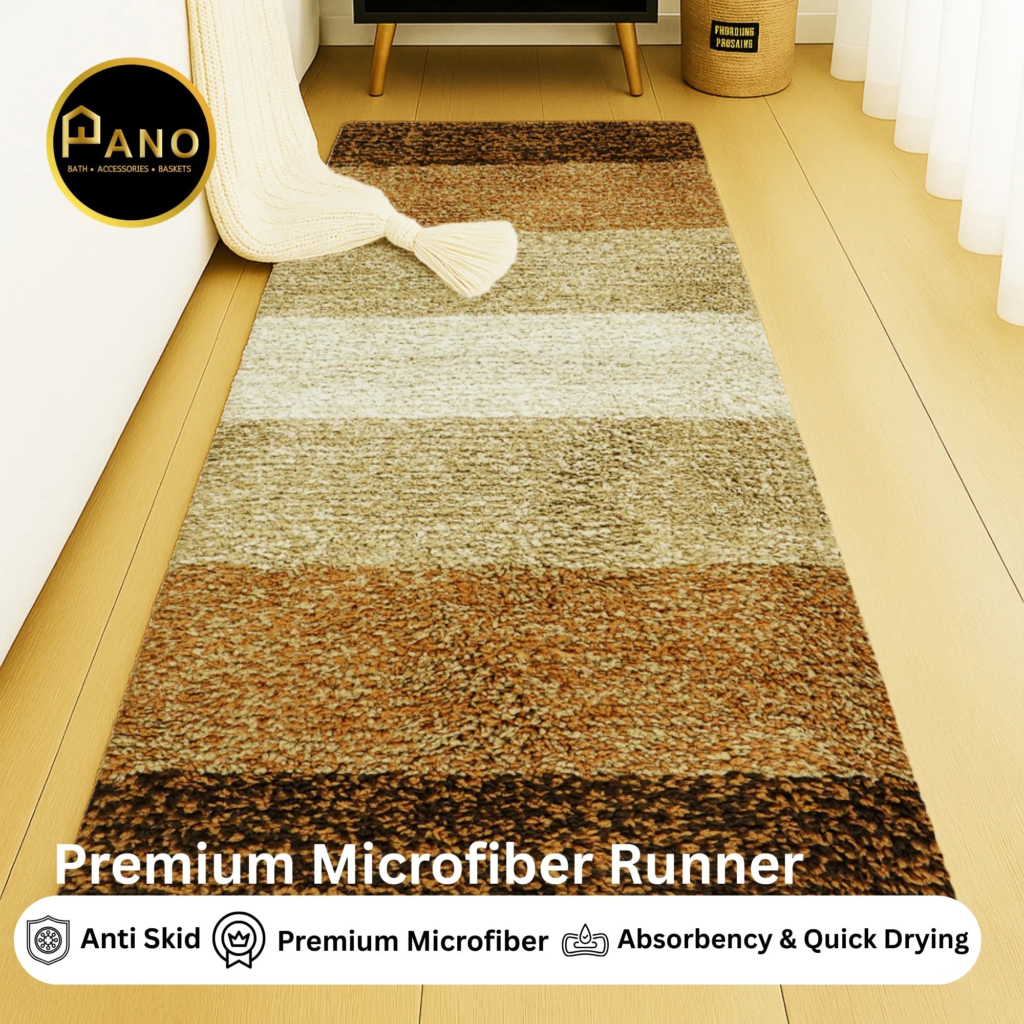 Textured Anti Skid Brown Bathroom Washable Runner -Pano