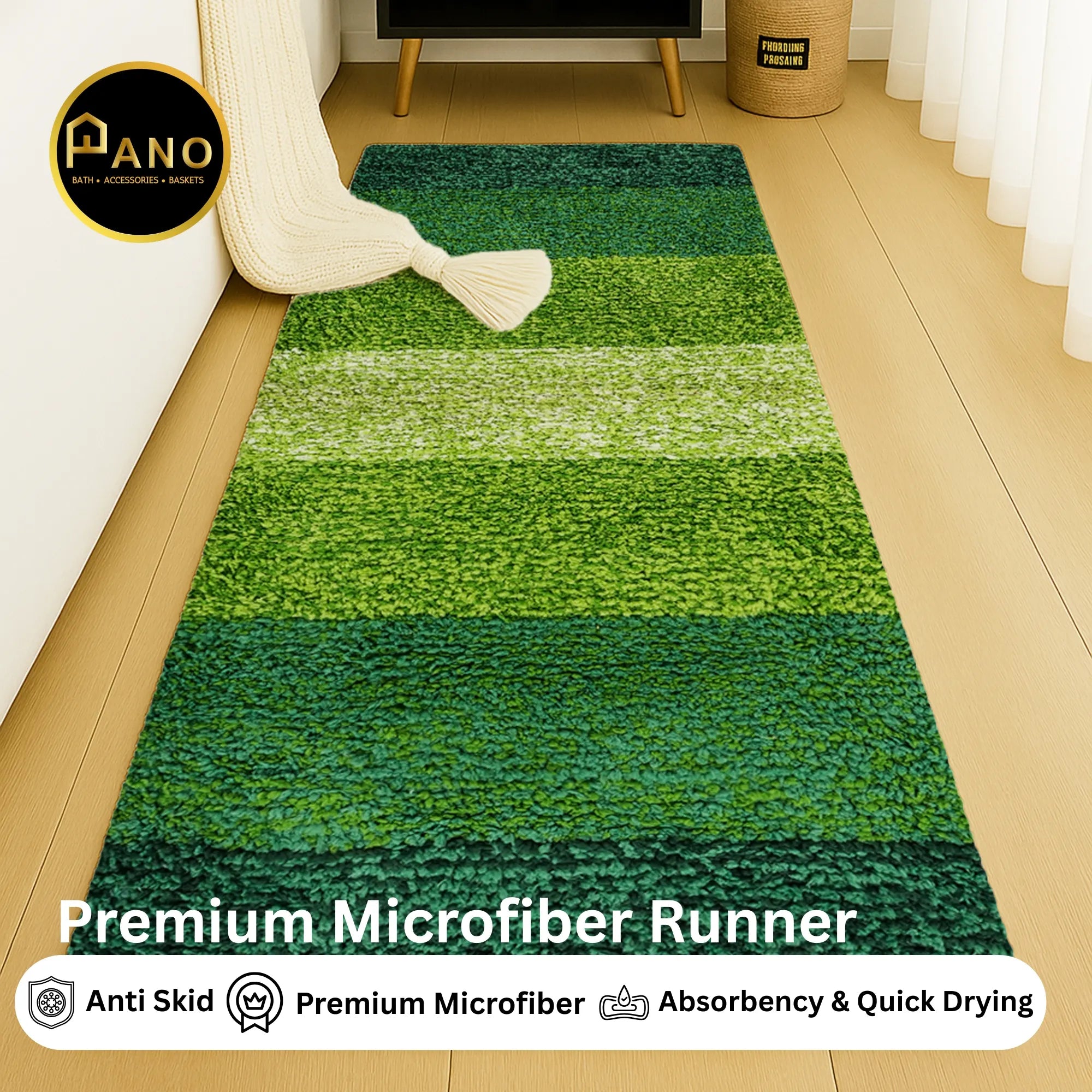 Textured Anti Skid Green Bathroom Washable Runner -Pano