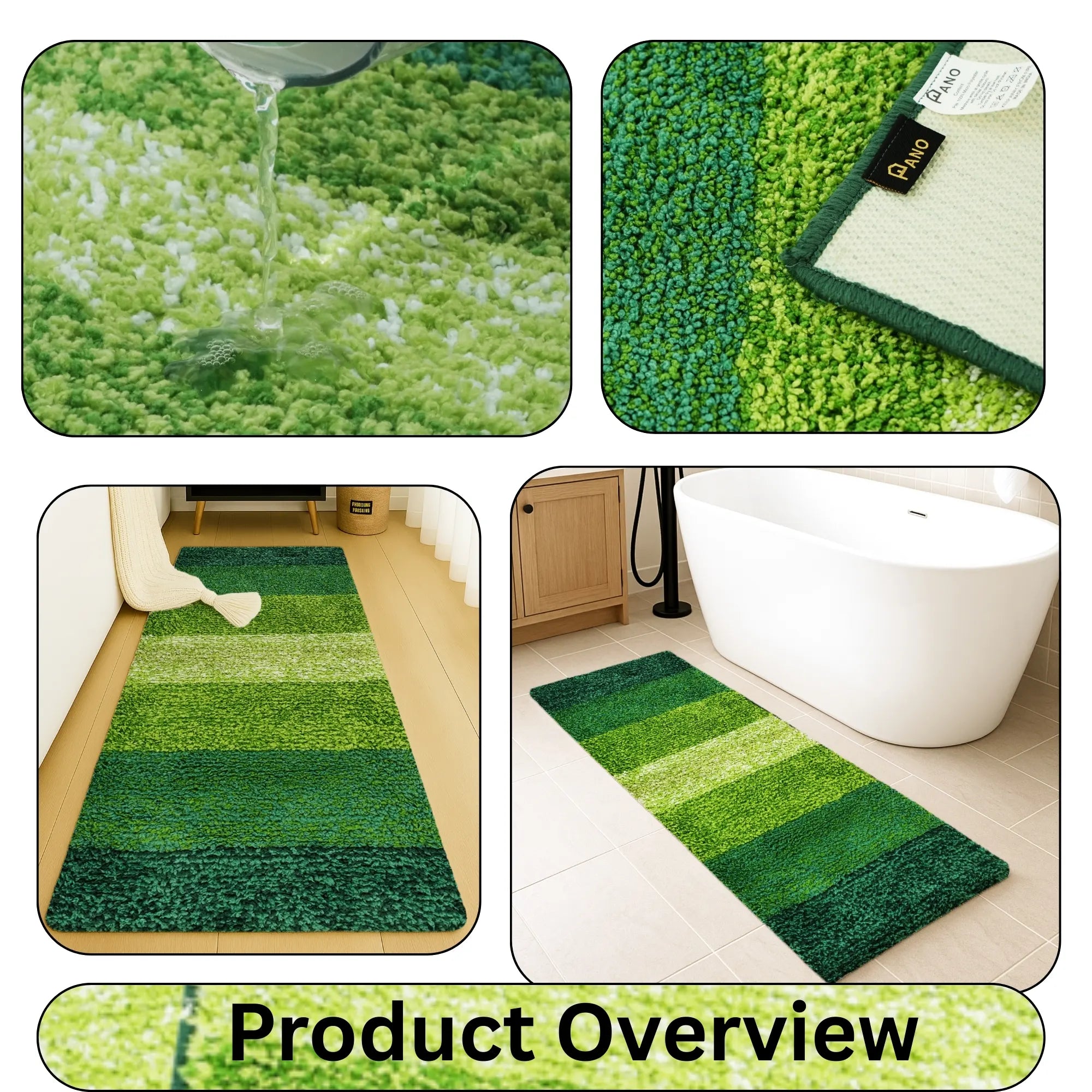 Textured Anti Skid Green Bathroom Washable Runner -Pano